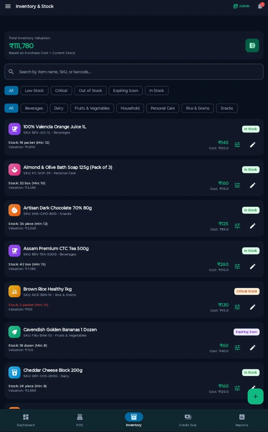GrocerWise inventory and stock screen