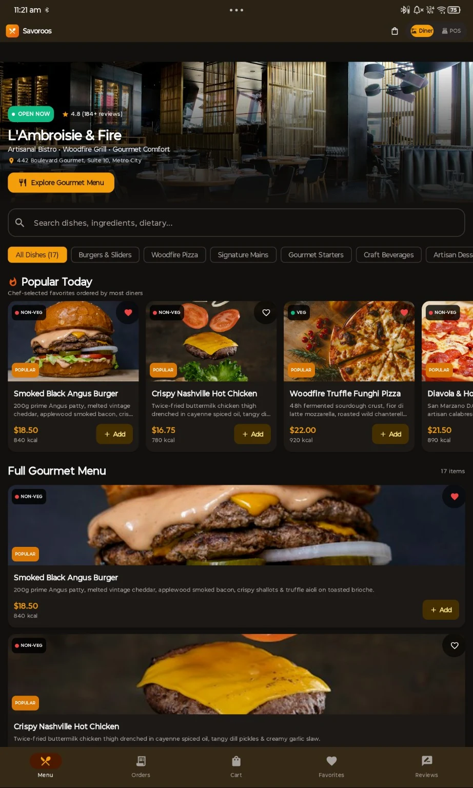Savoroos diner menu interface