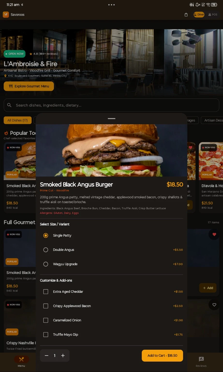Savoroos item customization modal