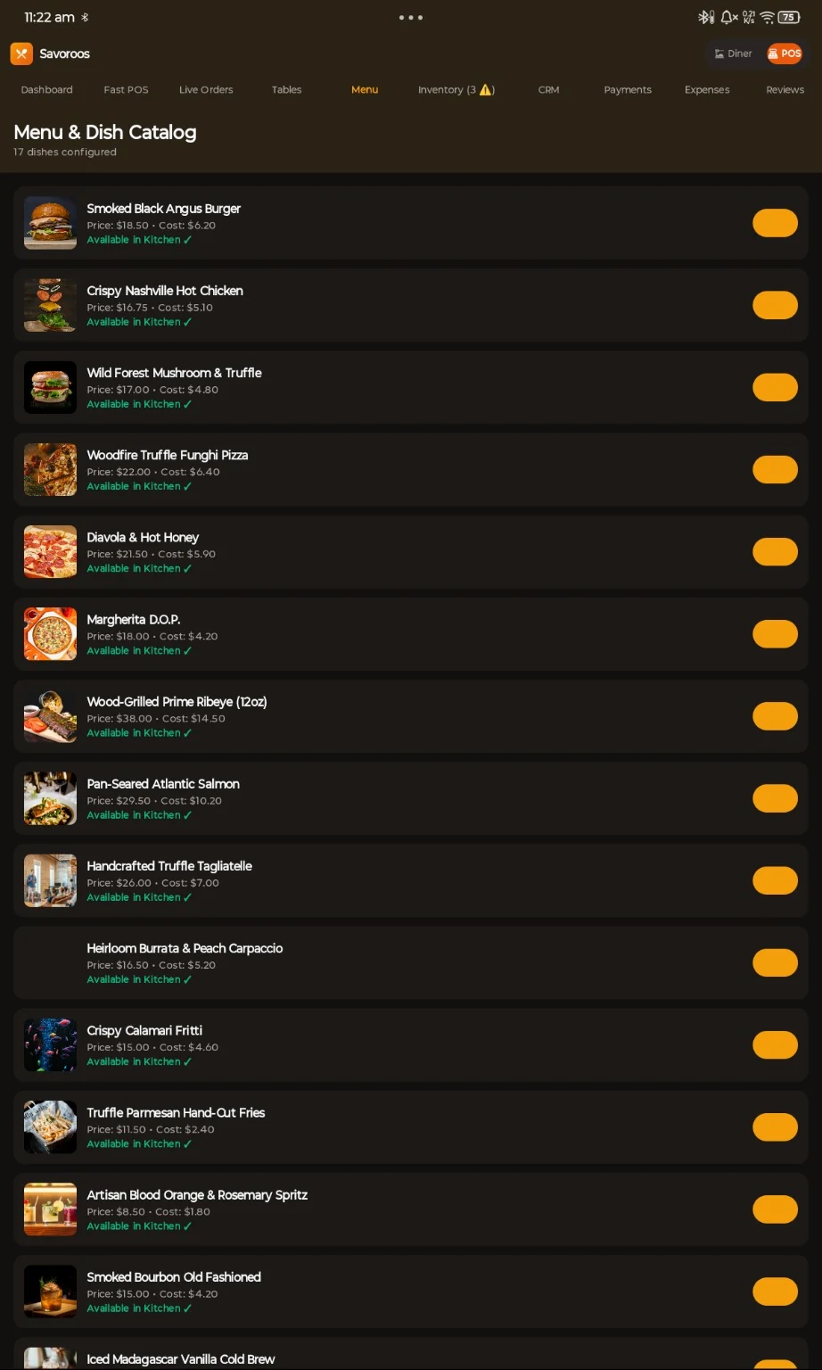 Savoroos menu and dish catalog